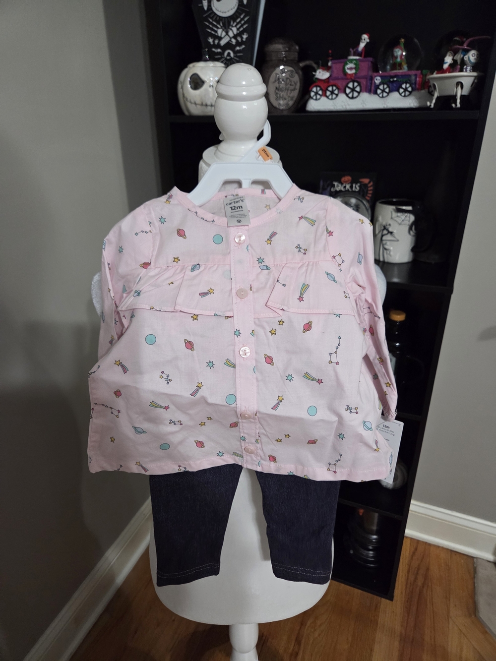 Carter's Pink Printed Ruffle Button-Front Baby Space Themed